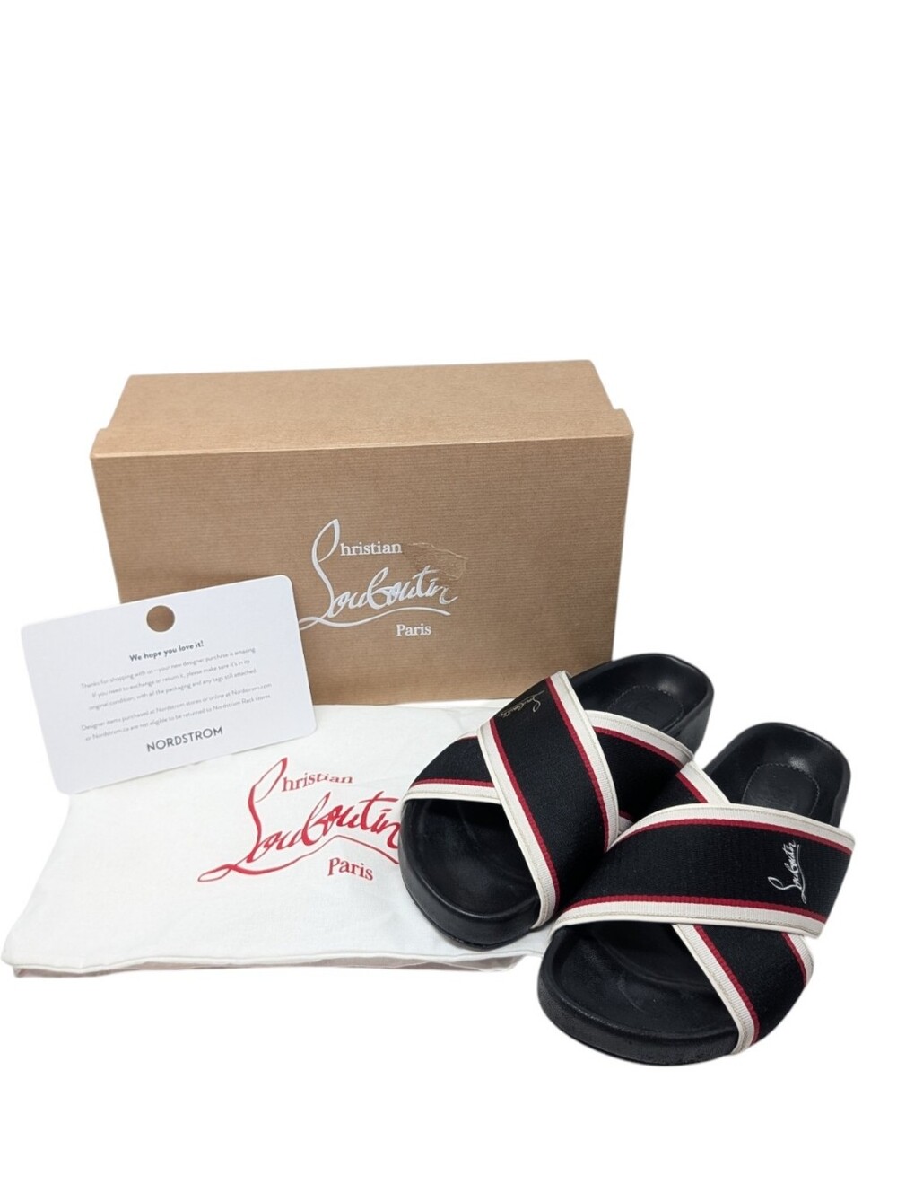 Christian Louboutin Black White Red Hot Cross Bizz Slide Sandals Size EU 37.5